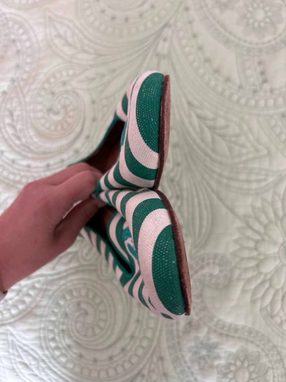 Coach Green and White Striped Canvas and leather Loafers lobster Embroidery - Picture 10 of 10